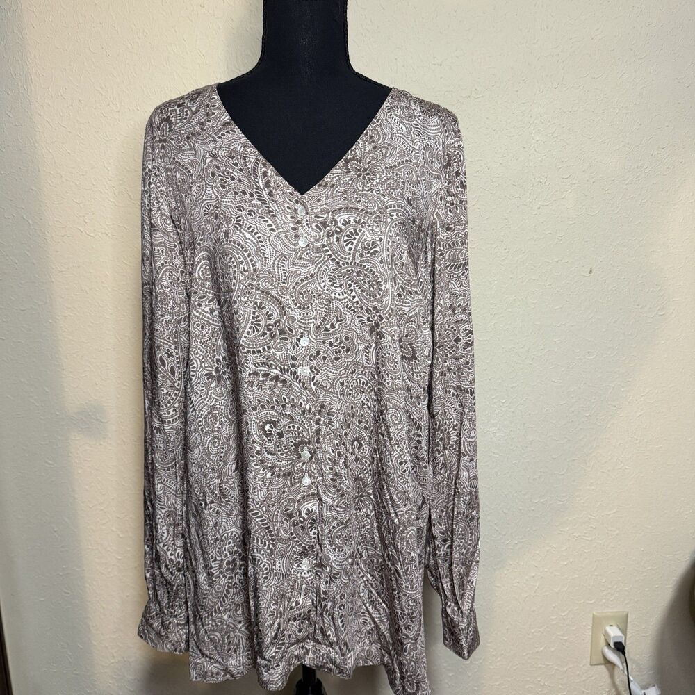 Women’s Pure Jill 100% Artsy Brown Pasiley LongLine Top Small Boho Lagenlook